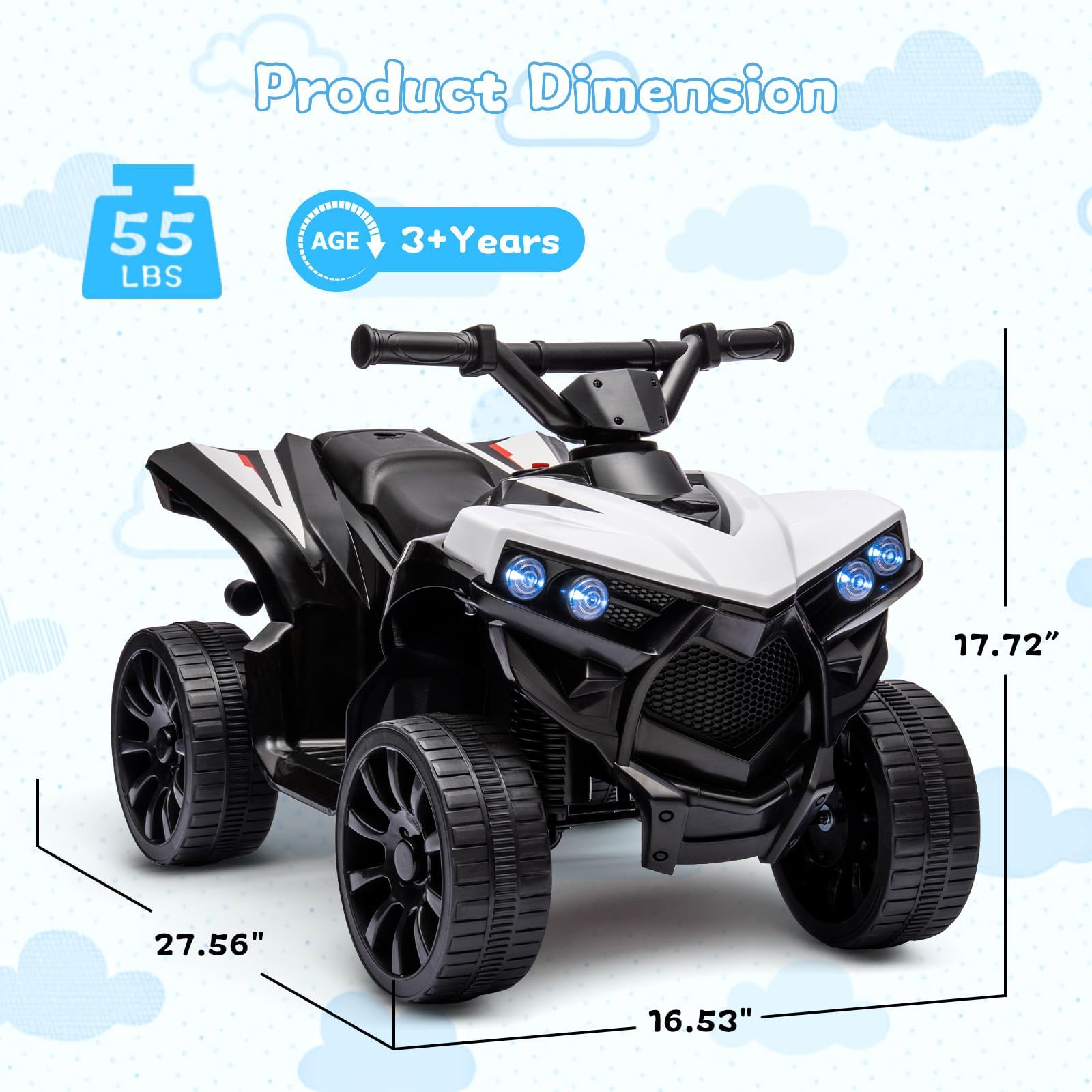 Garvee Quad électrique 6 V pour enfant avec LED, musique et conduite sécurisée, blanc, dès 3 ans