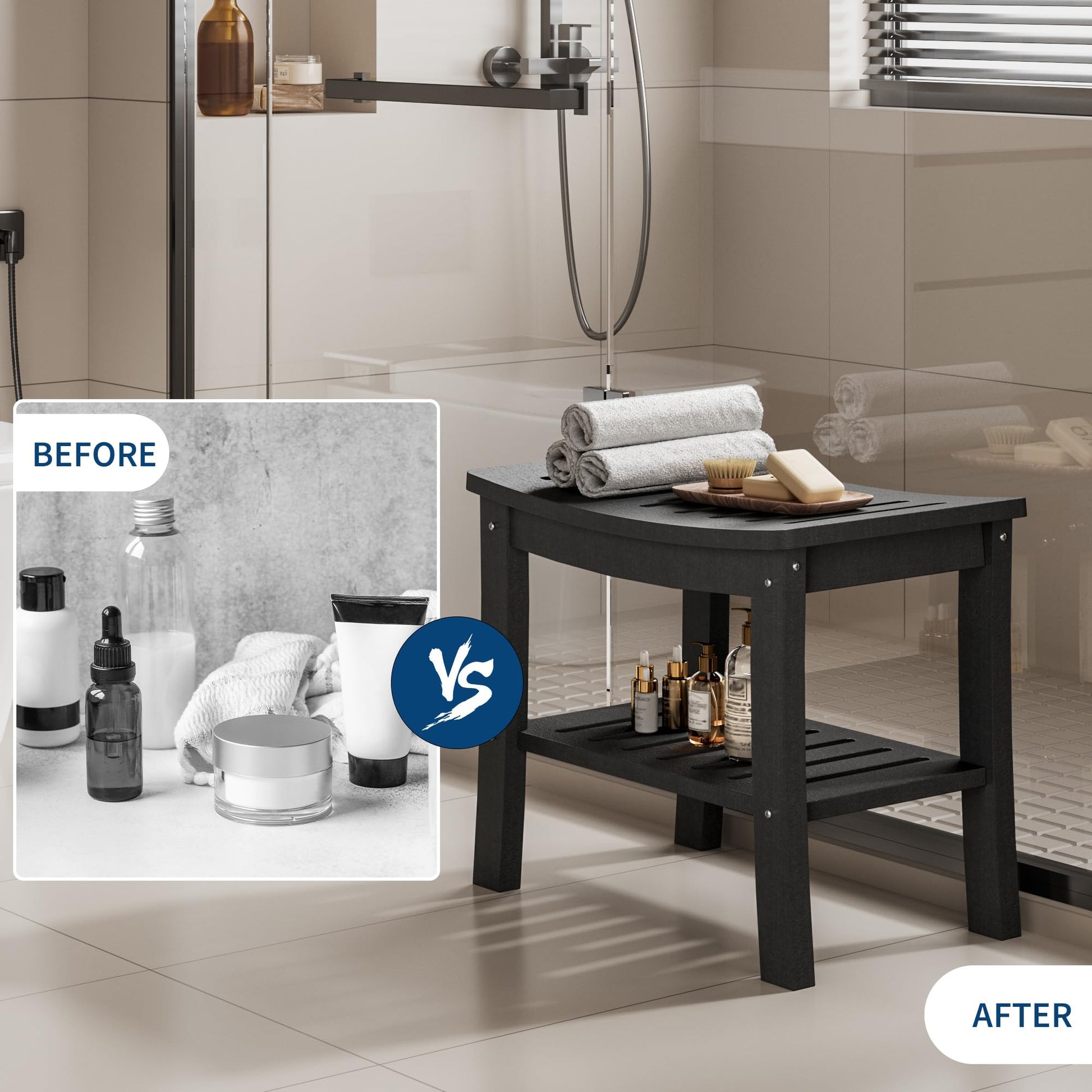 Banc de douche Garvee en PEHD avec étagère pour salle de bain et baignoire, noir, aspect bois, imperméable, résistant aux rayures