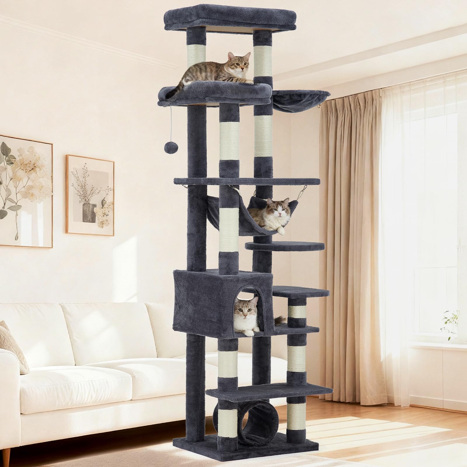 Arbre à chat Garvee pour grands chats, 188 cm, avec 11 poteaux à griffer, hamac, structure en bois robuste, mobilier d'intérieur pour chat de salon