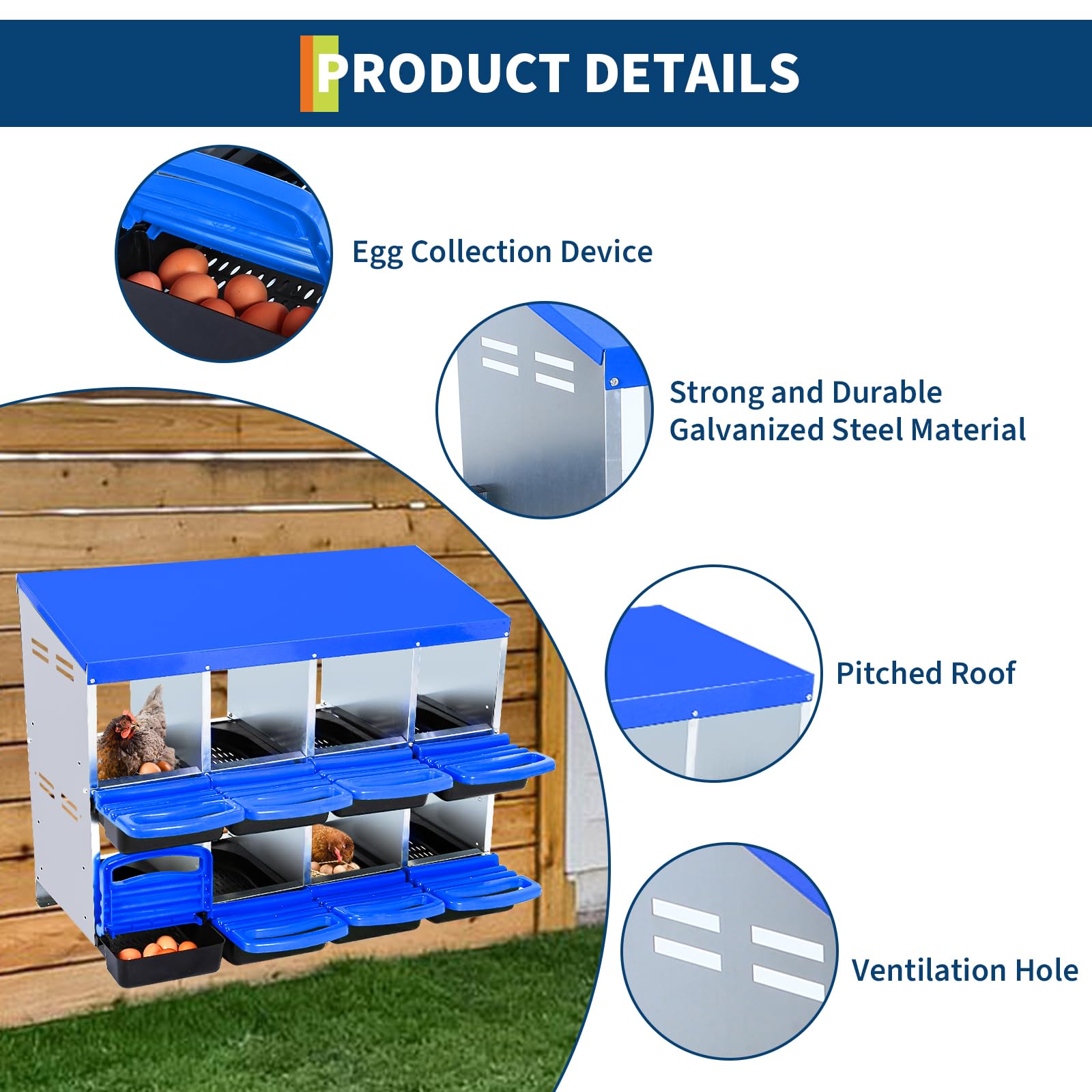 Garvee Pondoir pour Poules 2 Niveaux 8 Compartiments, Acier Galvanisé et PP, Poignées, Toit Imperméable, Ventilation Supérieure, Bleu