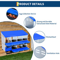 Garvee Pondoir pour Poules 2 Niveaux 8 Compartiments, Acier Galvanisé et PP, Poignées, Toit Imperméable, Ventilation Supérieure, Bleu