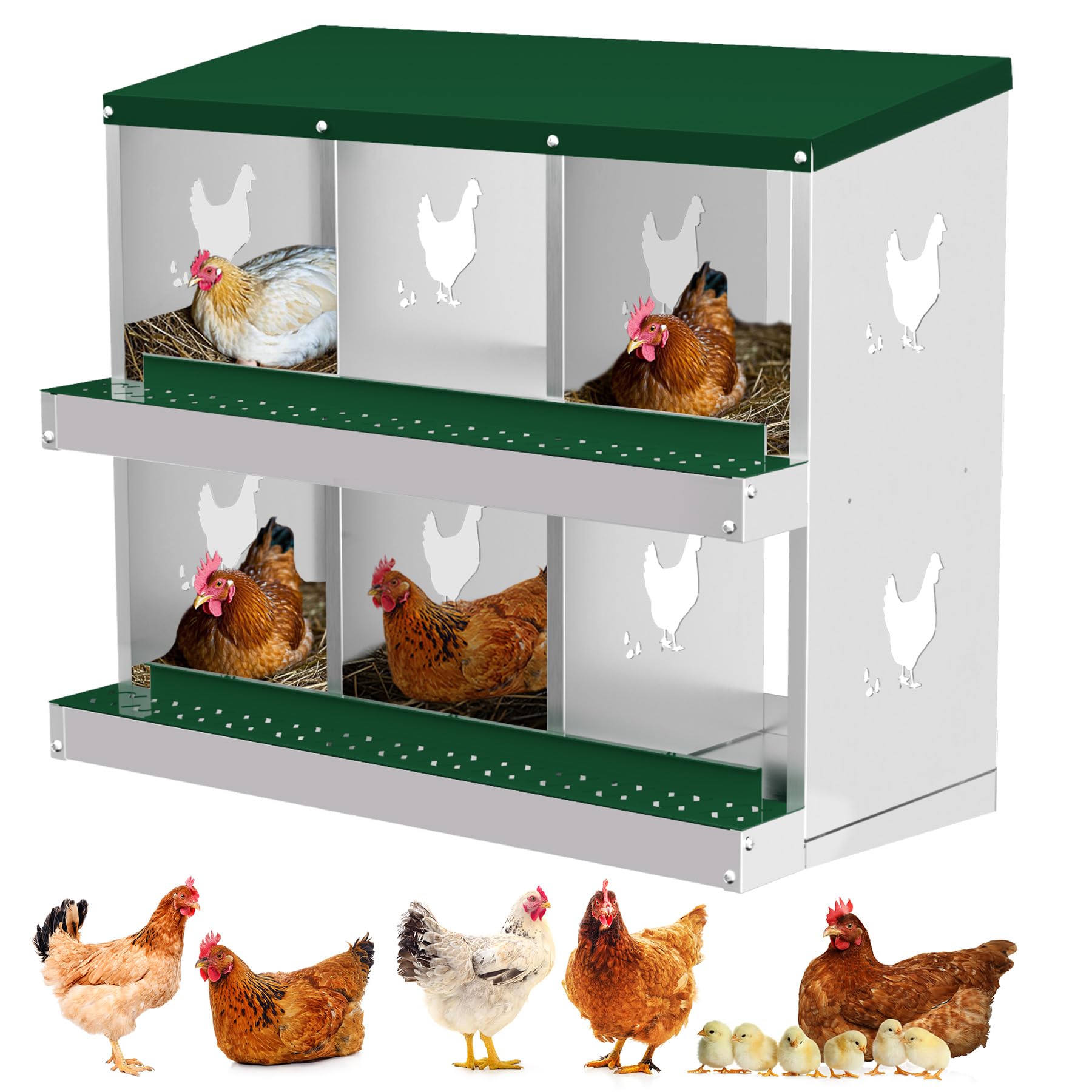 Garvee pondoir métallique pour poules à 6 compartiments, nichoir de ponte avec système de collecte des œufs par roulement, trous d’aération, vert, idéal pour poulailler et basse-cour
