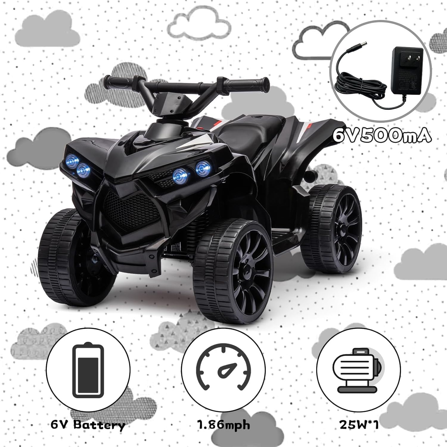 Garvee Quad électrique enfant 6 V avec éclairage LED, musique et conduite sécurisée, noir, dès 3 ans