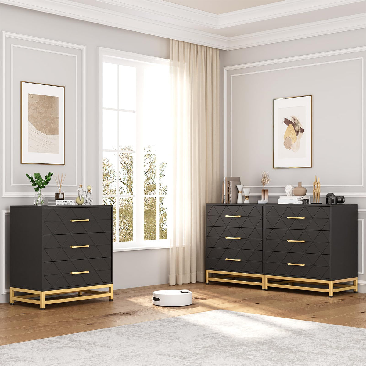 Garvee commode en bois pour chambre, 3 tiroirs, MDF, noir, moderne, robuste, gain de place, salon, couloir