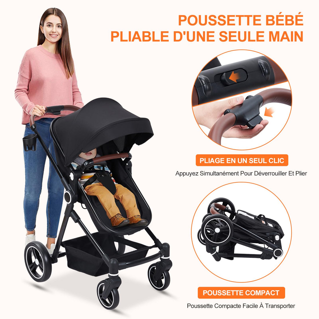 Garvee Poussette Bébé 2 en 1 S600, Assise Haute Vision, Système de Voyage Compact et Léger, Réversible, Pliable, Noir