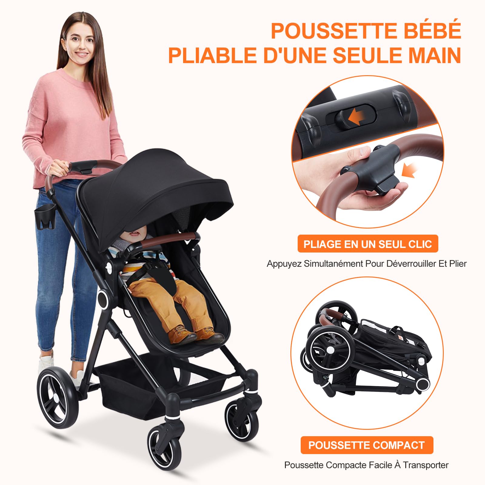 Garvee Poussette Bébé 2 en 1 S600, Assise Haute Vision, Système de Voyage Compact et Léger, Réversible, Pliable, Noir