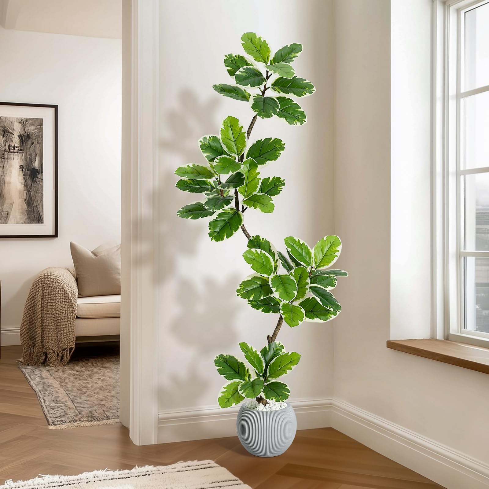 Ficus lyrata artificiel Garvee 1,5 m avec pot sphérique, vert, 47 feuilles, pour salon ou bureau