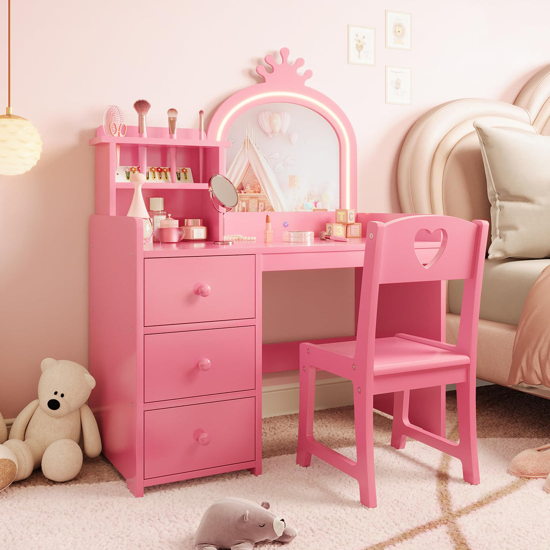 Coiffeuse Garvee pour enfants avec miroir et lumières LED, en bois, bureau 2 en 1, espace de rangement, rose, pour chambre de fille