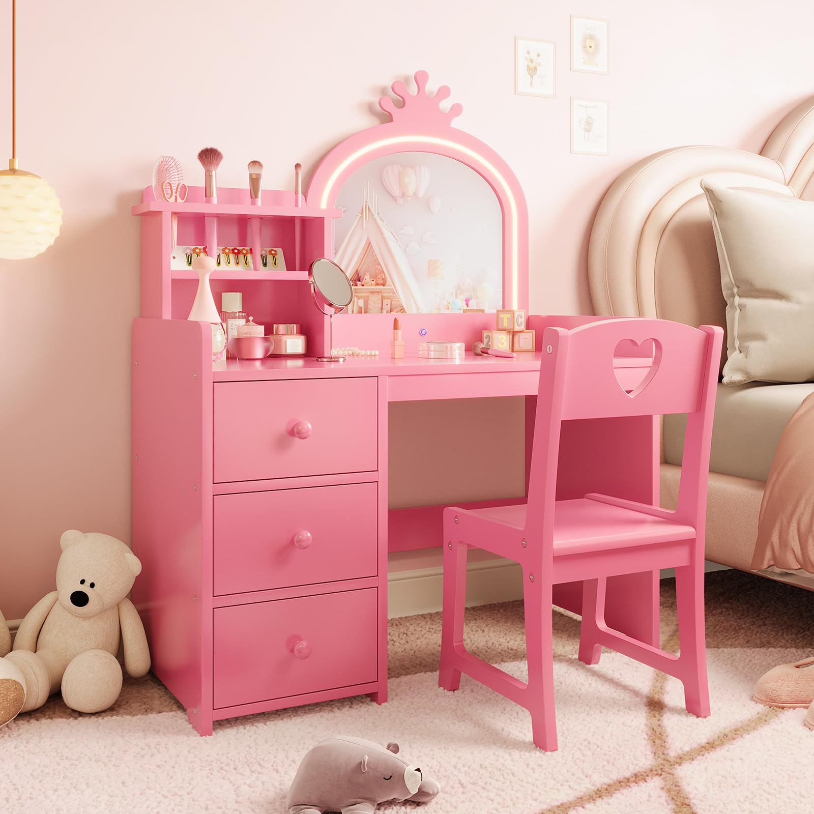 Garvee Bureau-Coiffeuse Enfant Princesse avec Miroir LED, 2-en-1 Convertible, MDF, Rangement et Chaise, Idéal pour Jeux et Étude