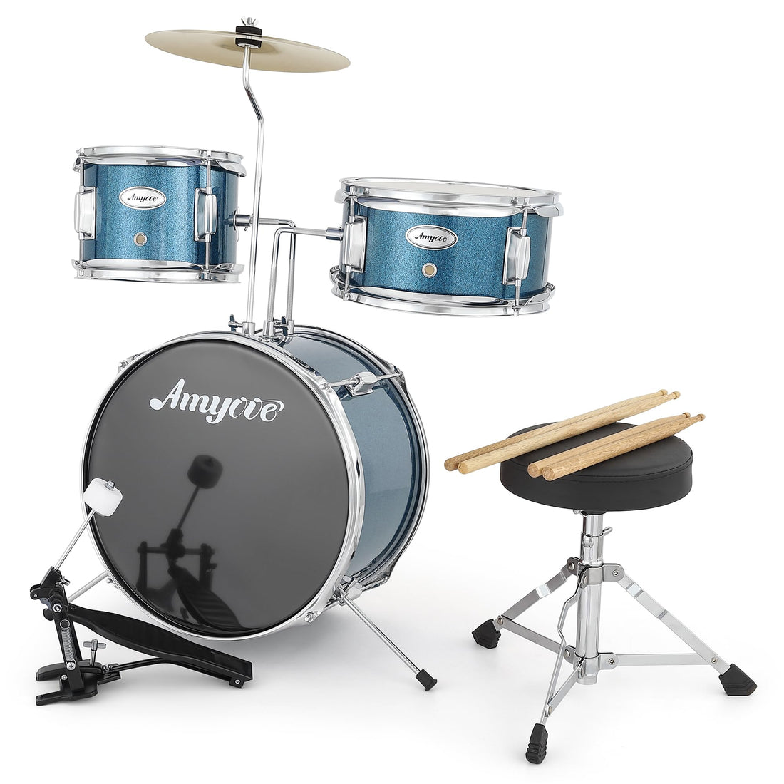 Garvee Batterie 3 pièces pour débutants avec grosse caisse de 35,6 cm, tom de 25,4 cm, bleue, en bois, tabouret inclus, pour les enfants