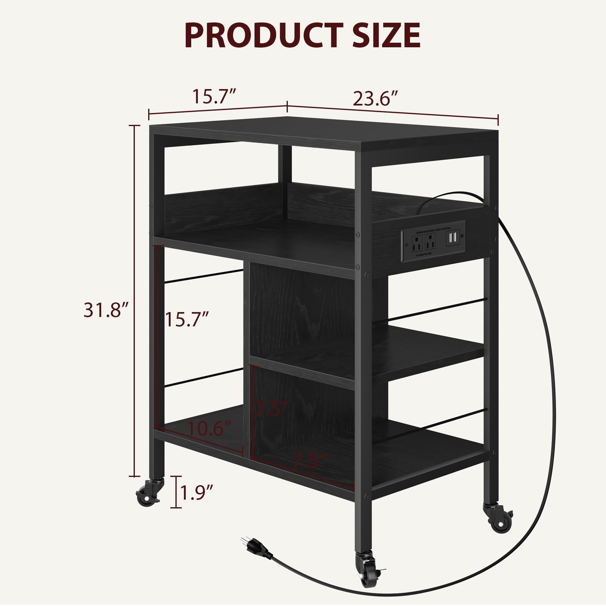 Garvee Meuble imprimante mobile à roulettes, 4 niveaux avec étagères, ports USB et prises intégrées, structure en acier robuste, noir rustique, pour bureau et maison