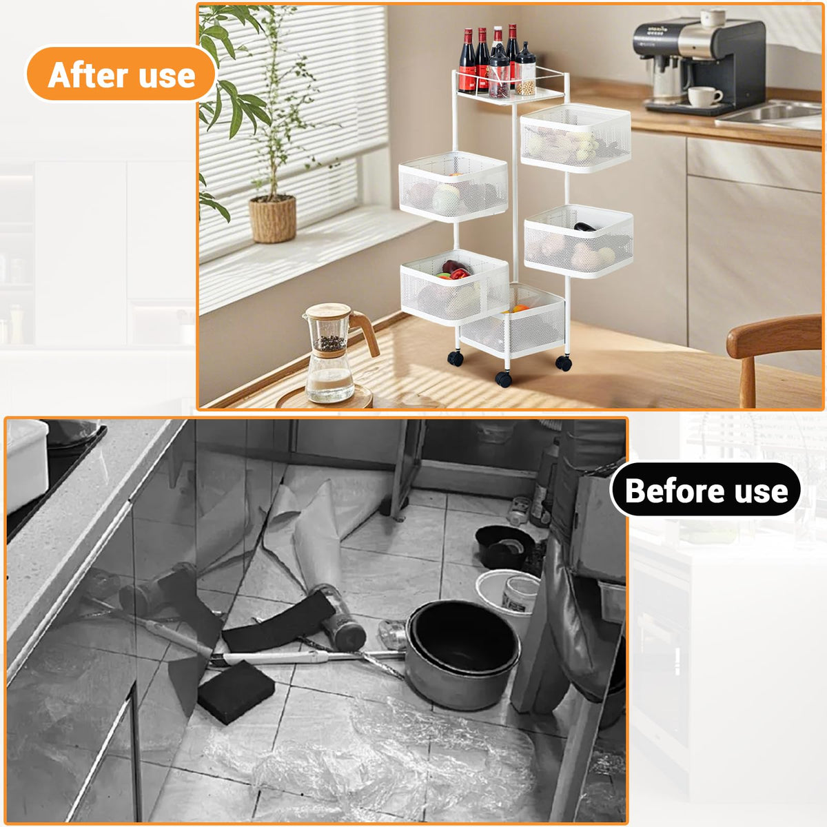 Garvee Étagère de cuisine 3 niveaux en acier carbone avec roulettes, gain de place pour salle de bain, salon, cosmétiques et jouets, blanc