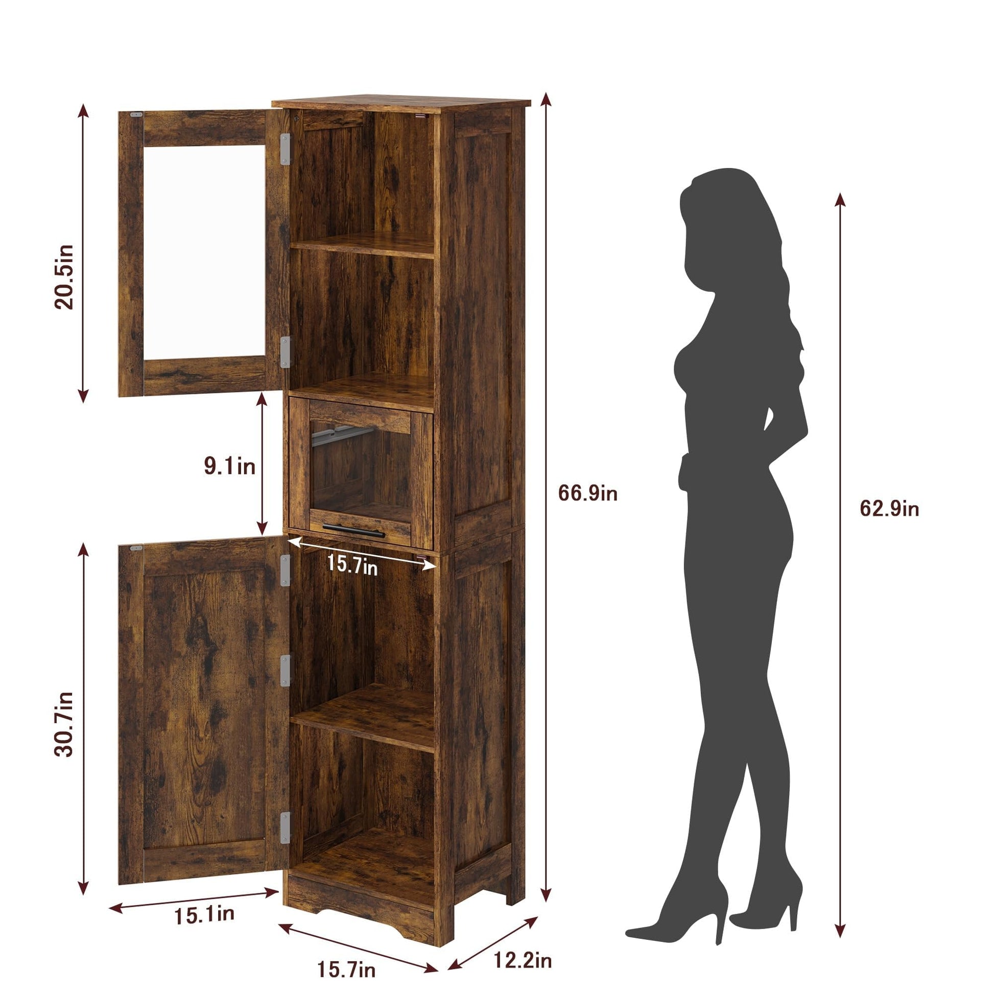 Meuble de salle de bain Garvee 170 cm, étroit et haut, avec 2 portes et 1 tiroir – Marron vintage, étagères réglables, gain de place pour salle de bain, couloir et salon