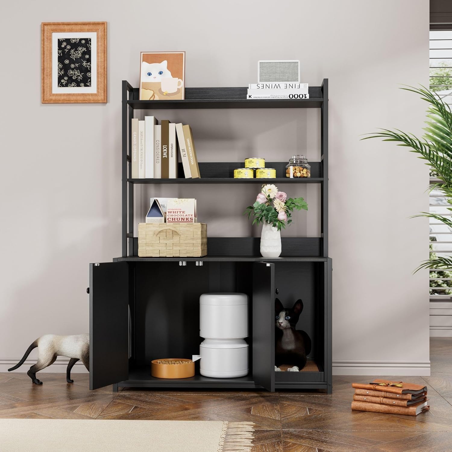 Garvee enclos pour bac à litière avec 2 portes, 2 étagères, griffoir pour usage intérieur, noir, MDF et acier, espace caché pour le chat, étagère intégrée