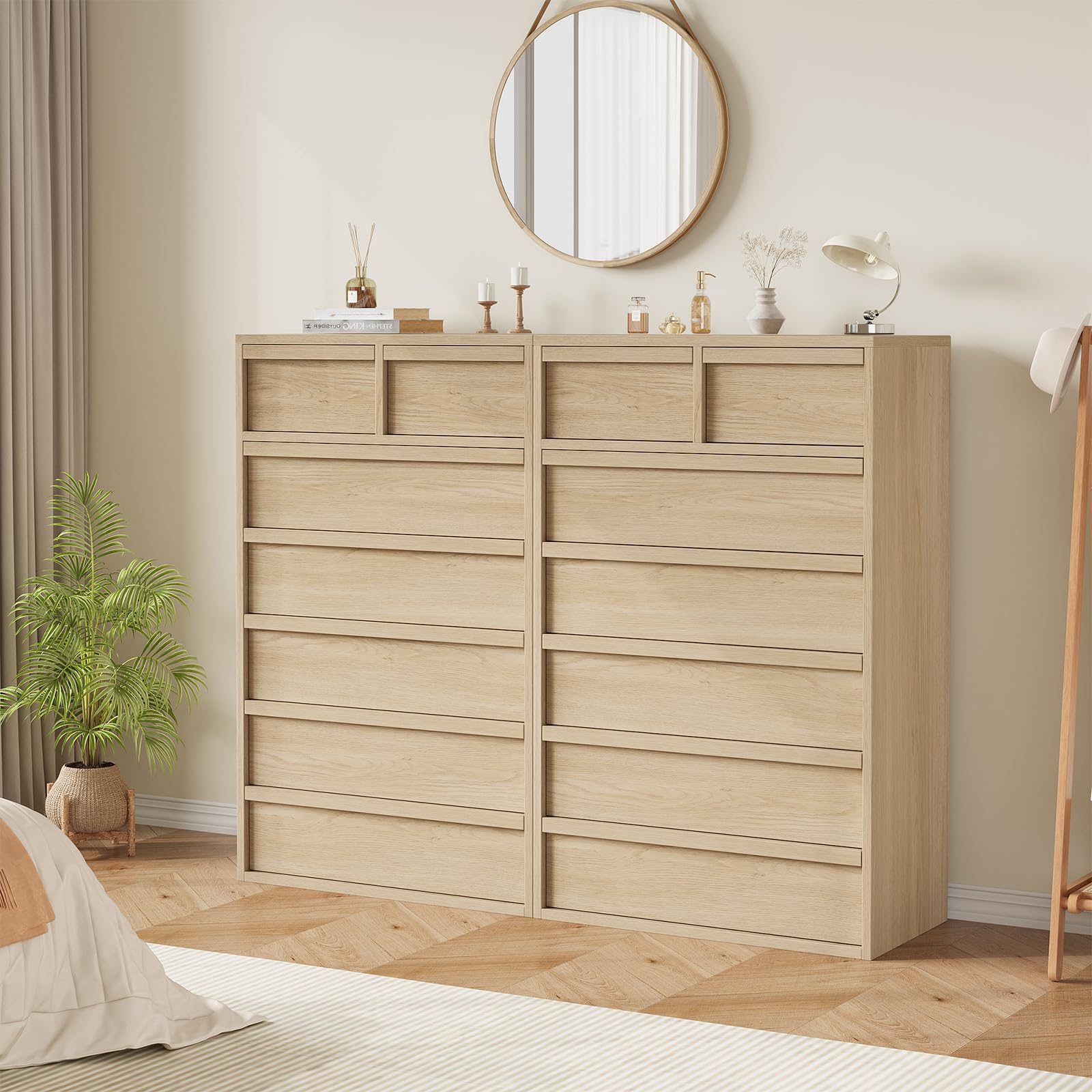 Commode Garvee à 7 tiroirs, chêne naturel, pour chambre à coucher, hauteur 117 cm, robuste, design moderne