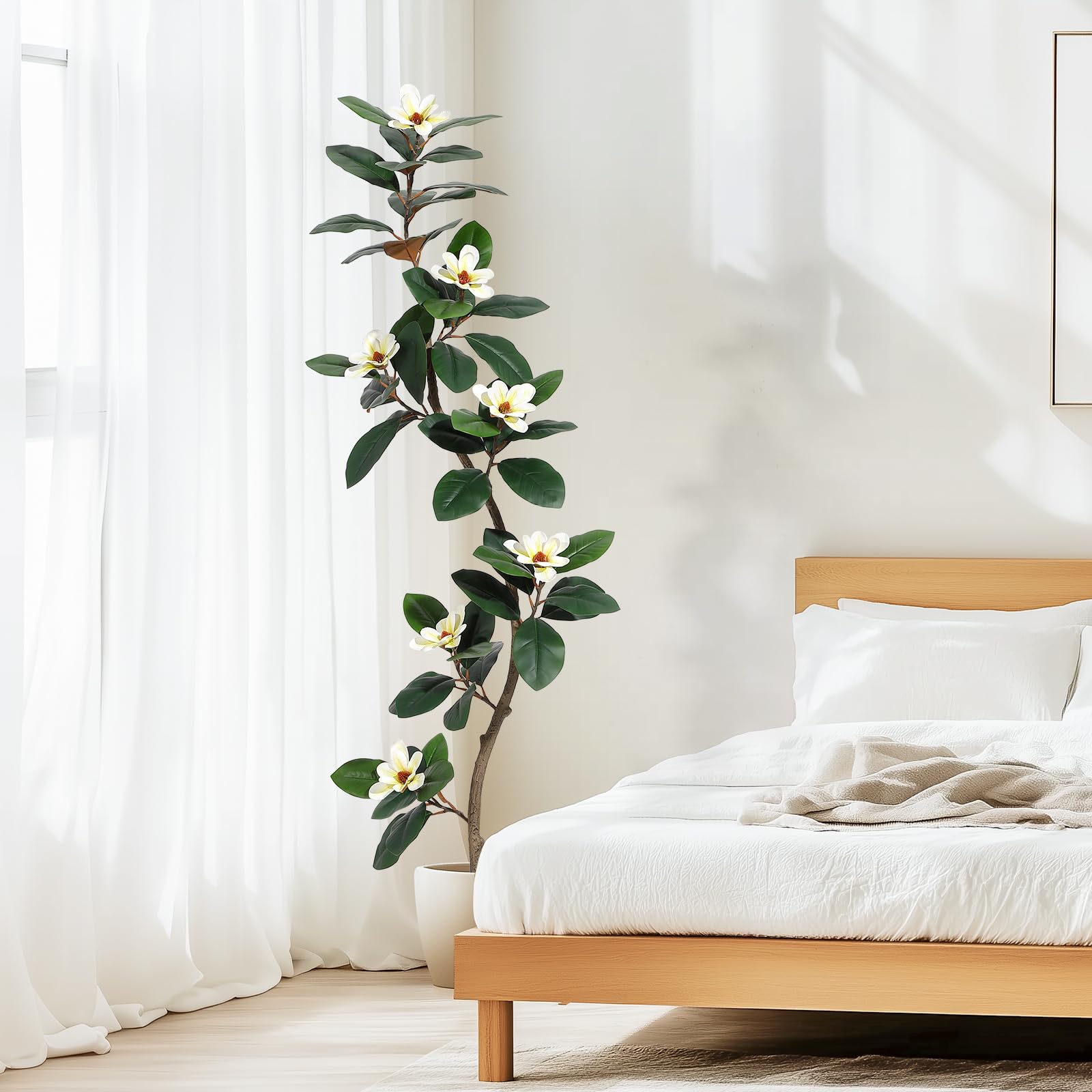Garvee Arbre artificiel caoutchouc 183 cm en pot blanc, plante d’intérieur avec 7 fleurs de magnolia, idéale salon, bureau et décoration maison.