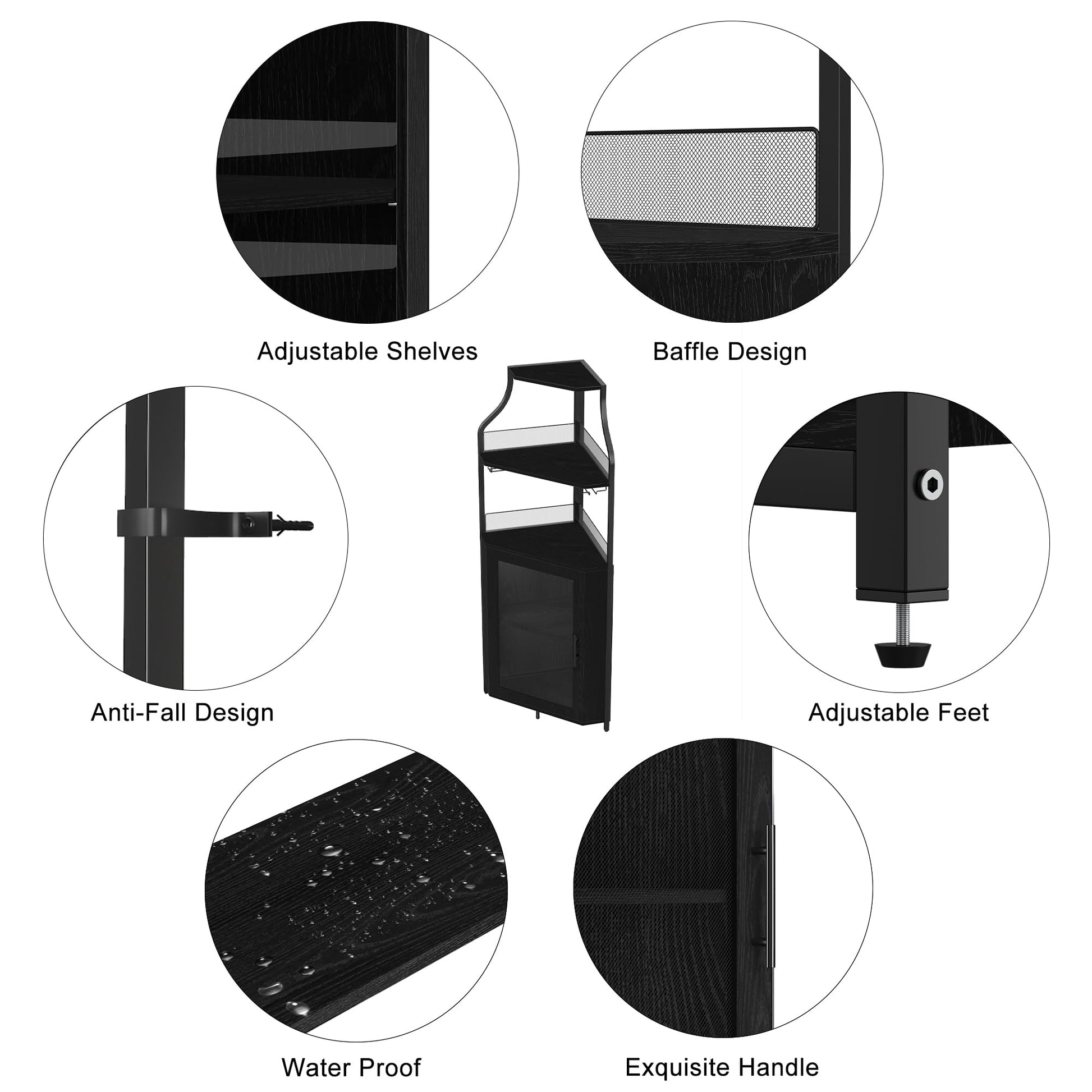 Meuble bar d'angle Garvee, 5 niveaux avec porte-verres, étagères réglables, structure en métal, MDF, porte coulissante de style grange, noir, pour salon et cuisine, 47 x 45 x 154 cm