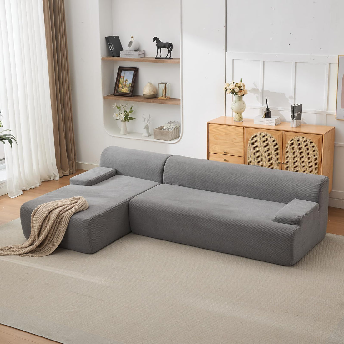 Canapé d'angle Garvee Cloud 108" avec méridienne, canapé ultra-doux sans ossature, tissu velours côtelé, forme en L, super moelleux, salon