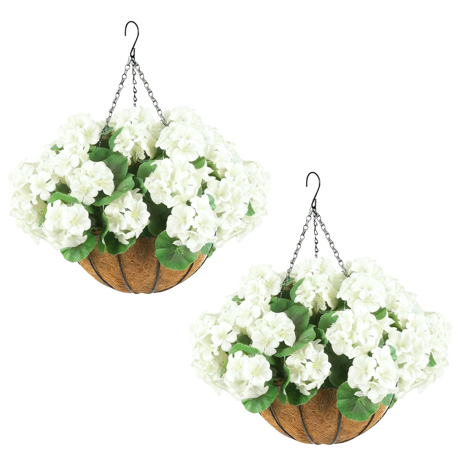 Garvee, lot de 2 paniers suspendus de géraniums artificiels blancs résistants aux intempéries pour jardin, terrasse et Noël