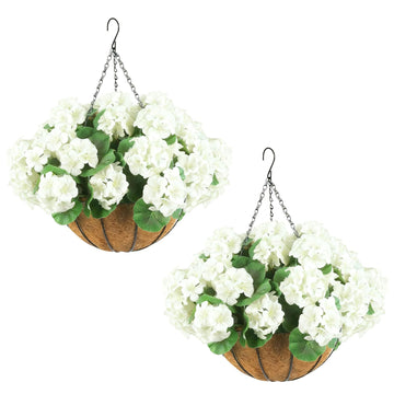 Garvee, lot de 2 paniers suspendus de géraniums artificiels blancs résistants aux intempéries pour jardin, terrasse et Noël