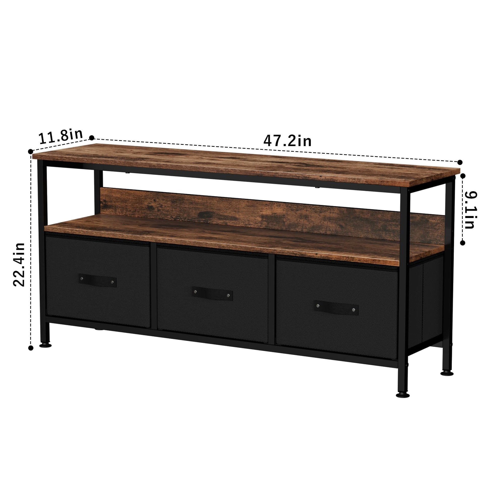 Garvee Meuble TV 140 cm avec 3 tiroirs, structure en MDF et métal robuste, idéal pour le salon et la chambre, pieds réglables, compact, marron