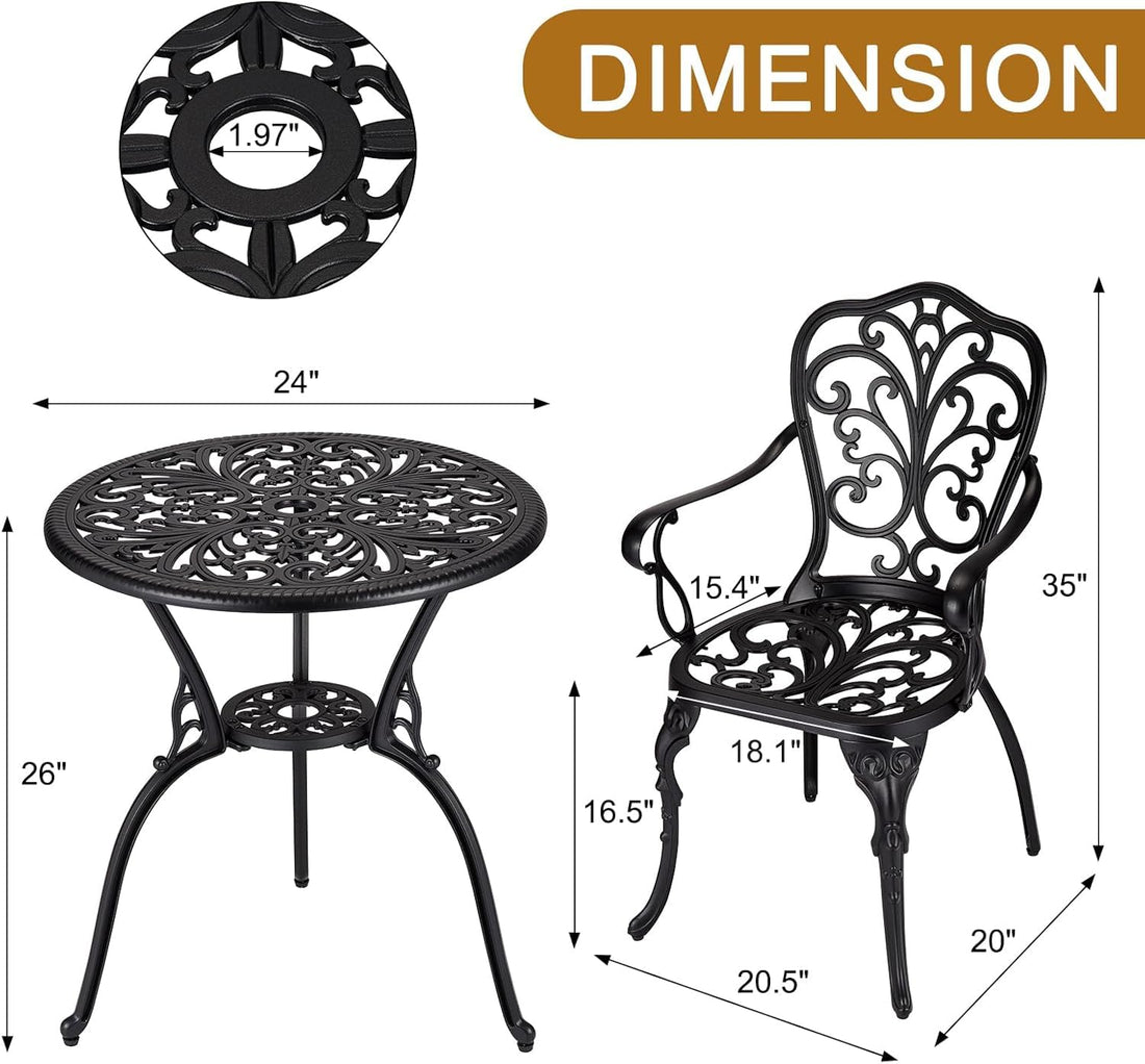 Ensemble bistro d'extérieur Garvee 3 pièces, en aluminium résistant aux intempéries et à la rouille, avec trou pour parasol, mobilier de jardin et de balcon, noir.