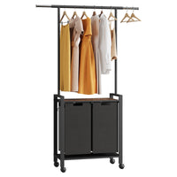 Panier à linge Garvee Trieur de linge à 2 compartiments avec barre de suspension et étagère en bois pour buanderie, 2 x 13 gal, noir