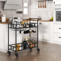 Chariot de bar à vin roulant Garvee à 2 niveaux avec étagères miroir, porte-bouteilles, système de suspension pour verres, structure en métal, roulettes pivotantes à 360°, compact pour le salon et les réceptions, 86 x 38 x 90 cm, couleur métallisée