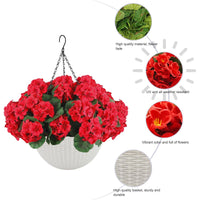 Garvee Ensemble de géraniums artificiels d'extérieur - 2 paniers suspendus avec 12 fleurs rouges pour jardin, terrasse, Noël, résistant aux intempéries et aux UV, en plastique