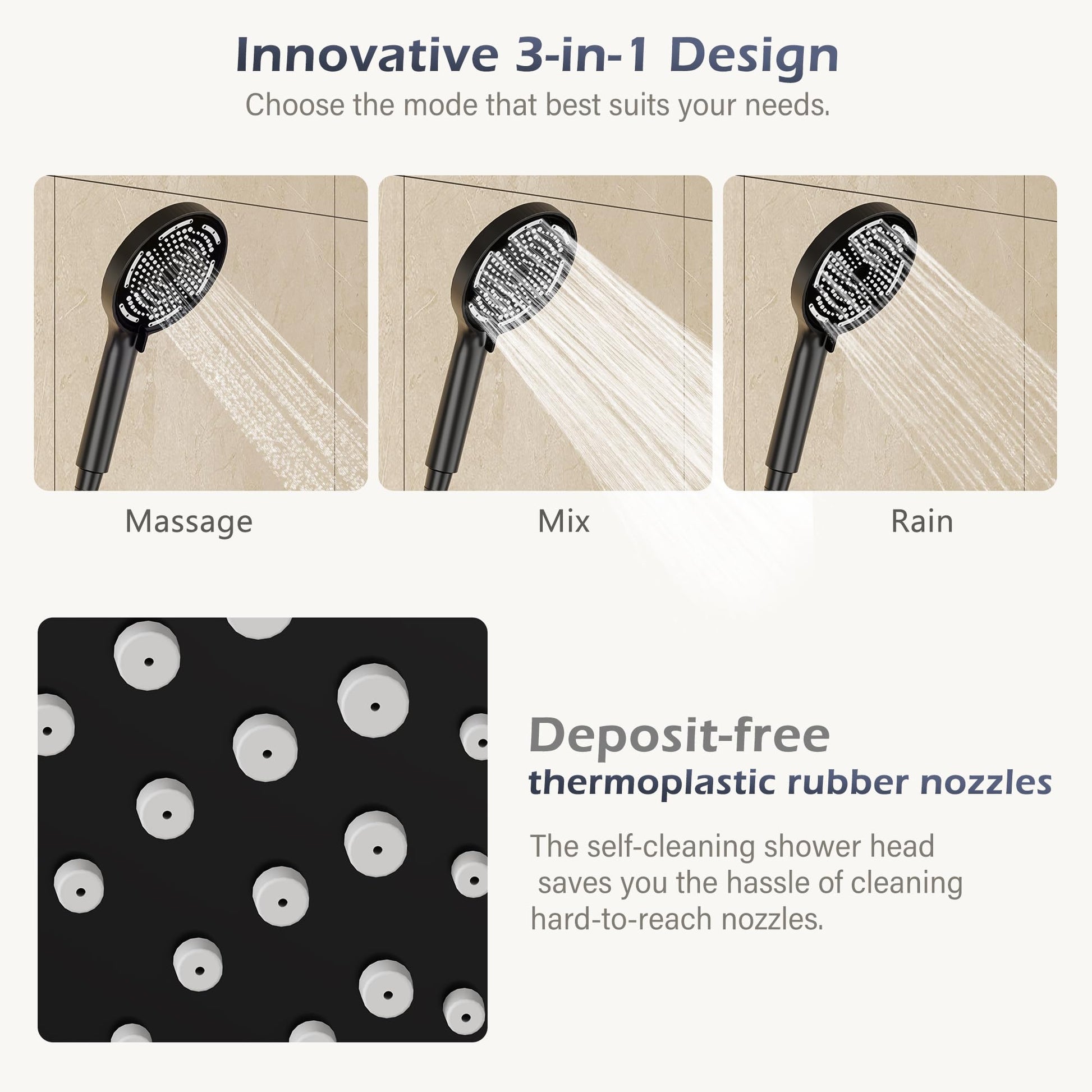Garvee Colonne de douche réglable 3 sections en acier inoxydable 201, pommeau 24,5 cm, douchette 3 jets, design concave en TPR, noir, salle de bain moderne