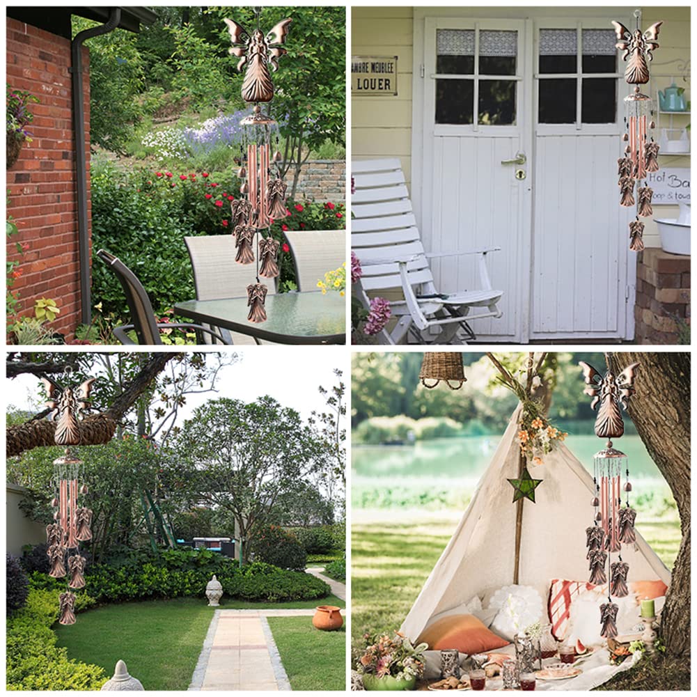 Carillon éolien rétro Garvee avec motif d'ange, résistant aux intempéries, en métal, pour jardin et terrasse, couleur argent.