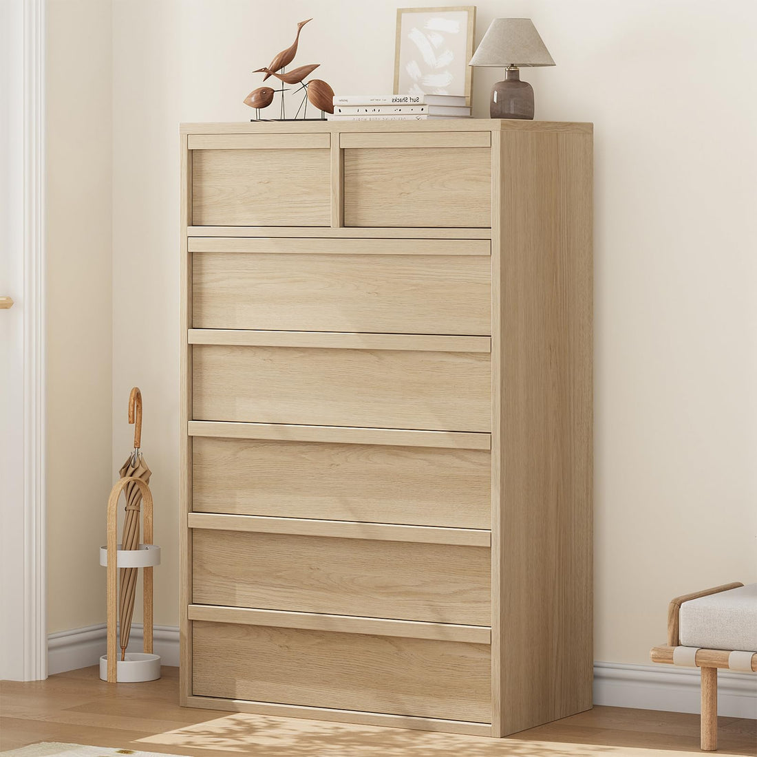 Commode Garvee à 7 tiroirs, chêne naturel, pour chambre à coucher, hauteur 117 cm, robuste, design moderne