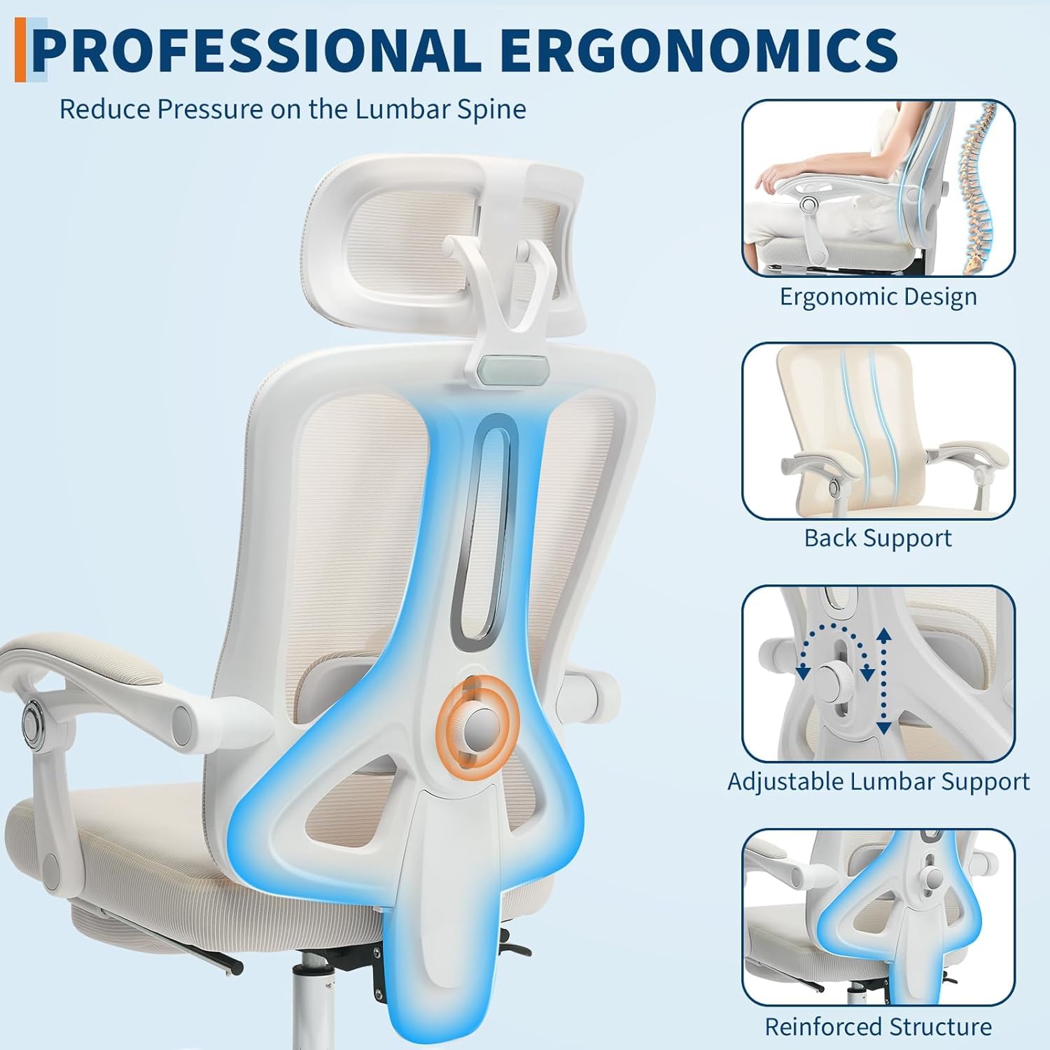 Garvee Chaise de bureau ergonomique avec appui-tête réglable, soutien lombaire et repose-pieds extensible, beige, hauteur réglable, maille respirante