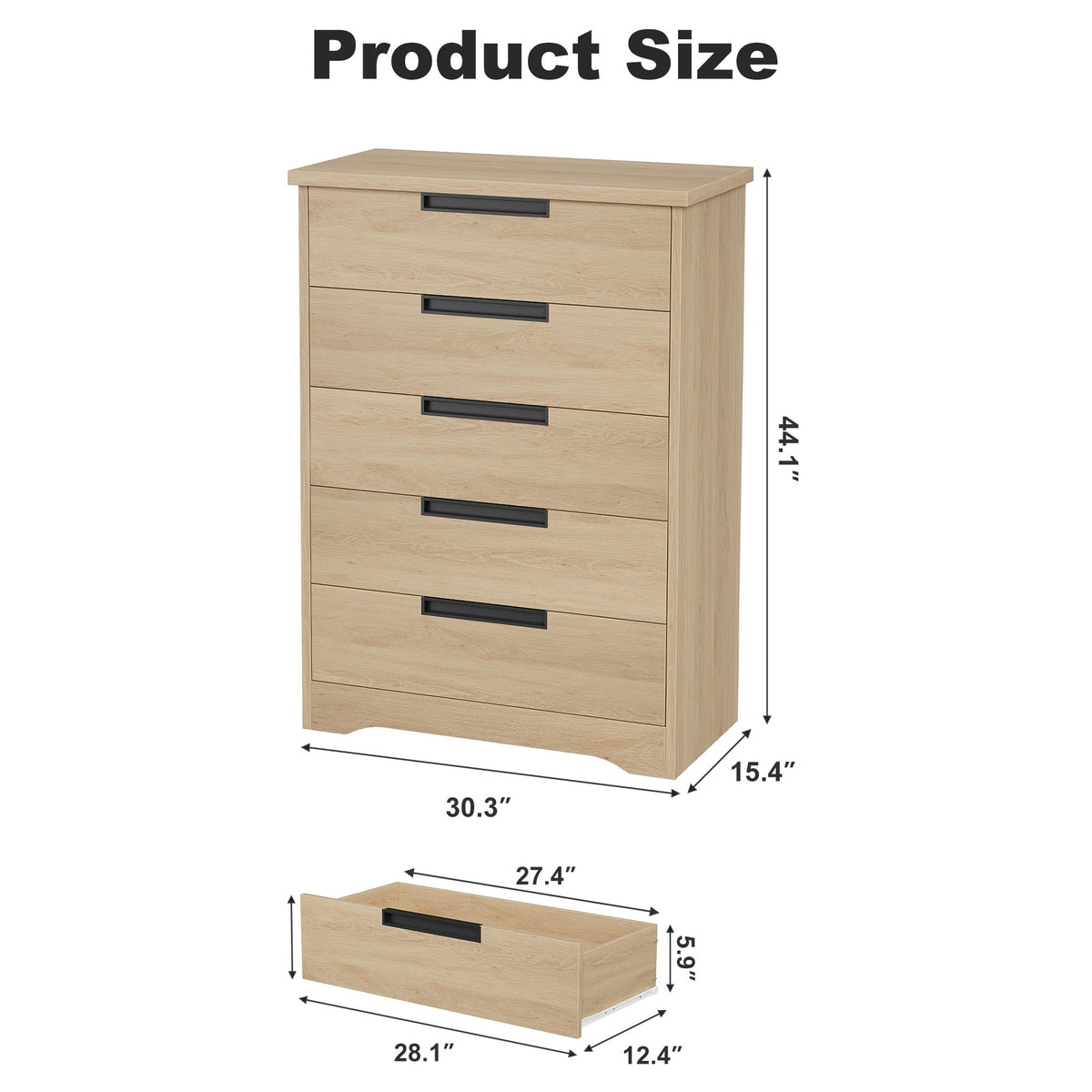 Commode Garvee à 5 tiroirs en bois avec poignées intégrées, idéale pour la chambre et le salon. Design moderne, robuste et polyvalente. Couleur : blanc.