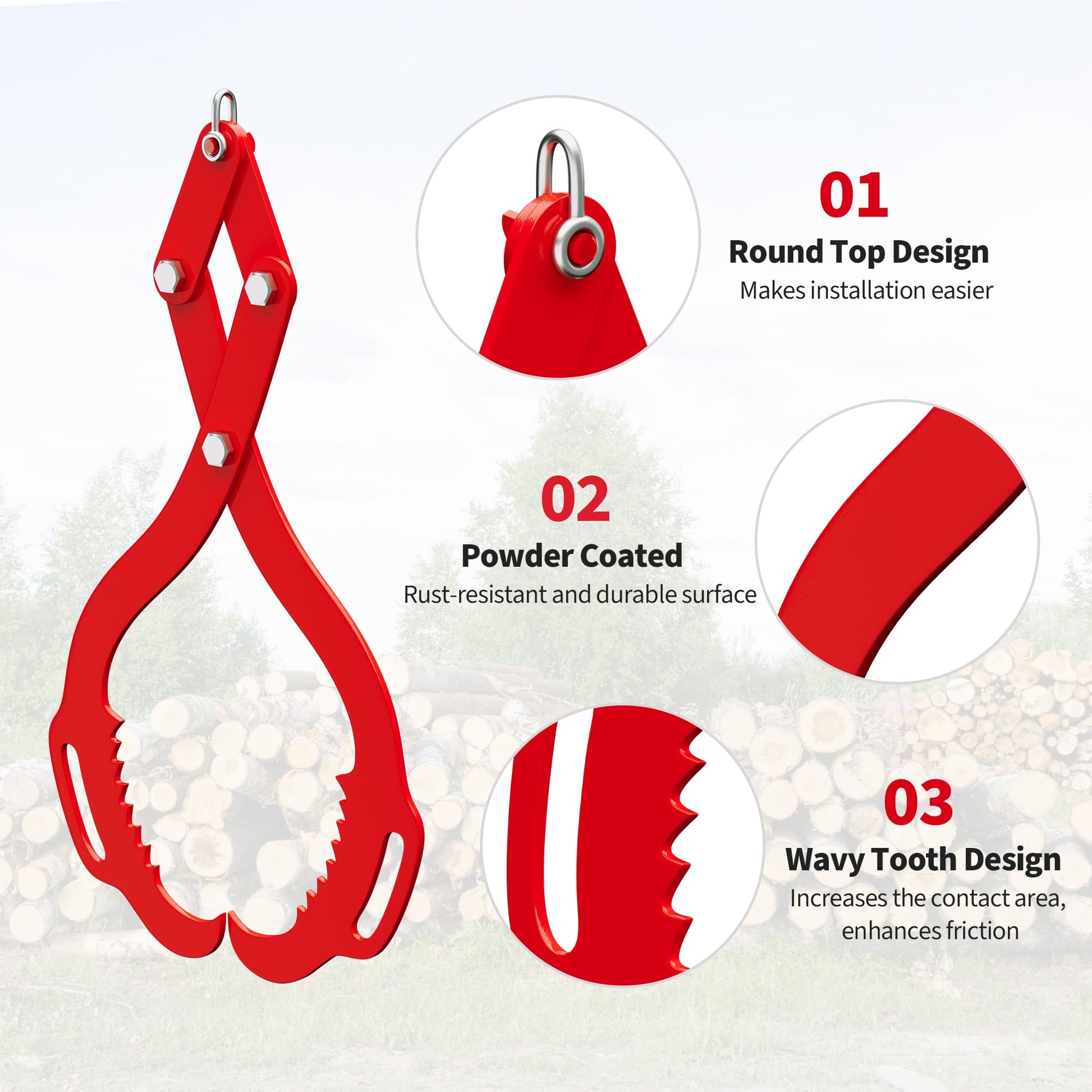 Garvee Pince à grumes 45,7 cm, 2 griffes en acier renforcé antidérapant, crochet pour tracteur, outil forestier robuste pour troncs, rouge.