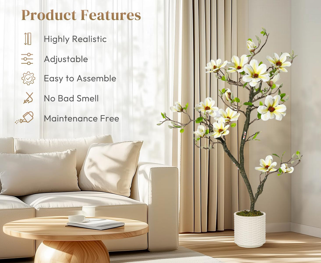 Garvee Plante artificielle de magnolia 120 cm en pot blanc, branches ajustables, réaliste et durable, pour maison et bureau