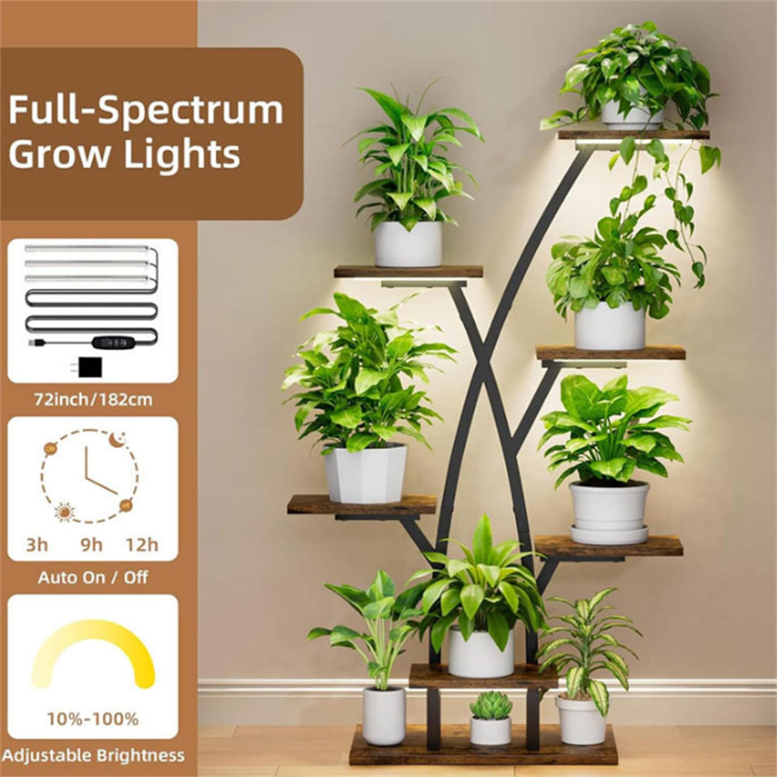 Garvee support à plantes en métal avec lampe de croissance spectre complet à 3 têtes, capacité 68 kg, vert