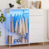 Garvee Armoire dressing chambre adulte avec 6 tiroirs, éclairage LED, station de charge, cadre en fer, bois, 49.2x15.8x119,9 cm, blanc - White