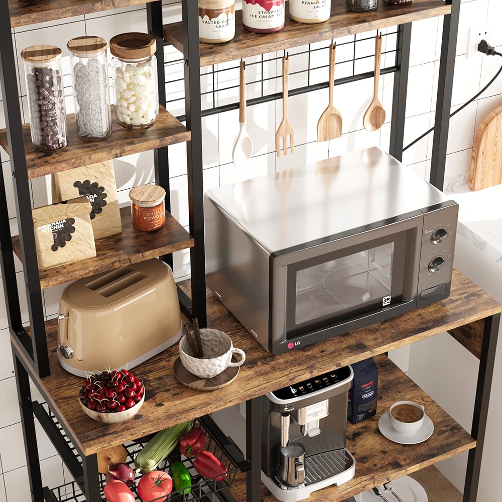 Garvee étagère de boulangerie avec prises électriques, support micro-ondes à 7 niveaux, structure en métal, étagères en bois, 90 × 40 × 178 cm, polyvalente et stable, rouge