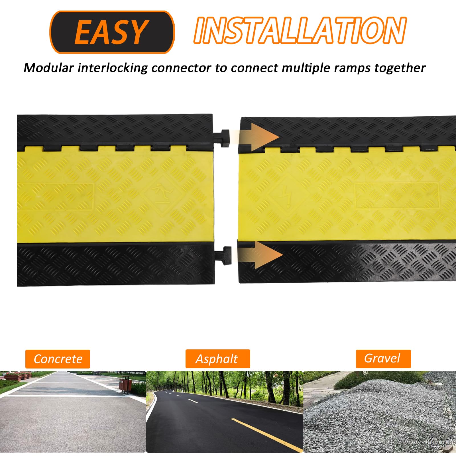 Rampe de protection de câbles Garvee à 3 canaux, jaune, pour asphalte et béton, capacité de charge de 28 000 lb, antidérapante, modulaire