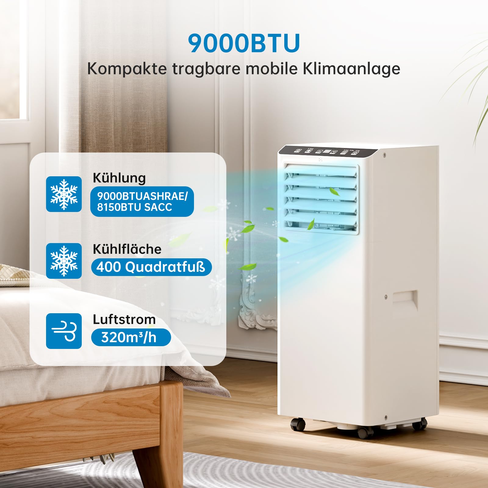 Garvee Climatiseur mobile 9000 BTU 2,6 kW, 3 en 1 silencieux 52 dB, avec déshumidificateur, ventilateur, mode nuit, roulettes 360°, pour 45 m²