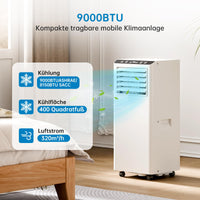Garvee Climatiseur mobile 9000 BTU 2,6 kW, 3 en 1 silencieux 52 dB, avec déshumidificateur, ventilateur, mode nuit, roulettes 360°, pour 45 m²
