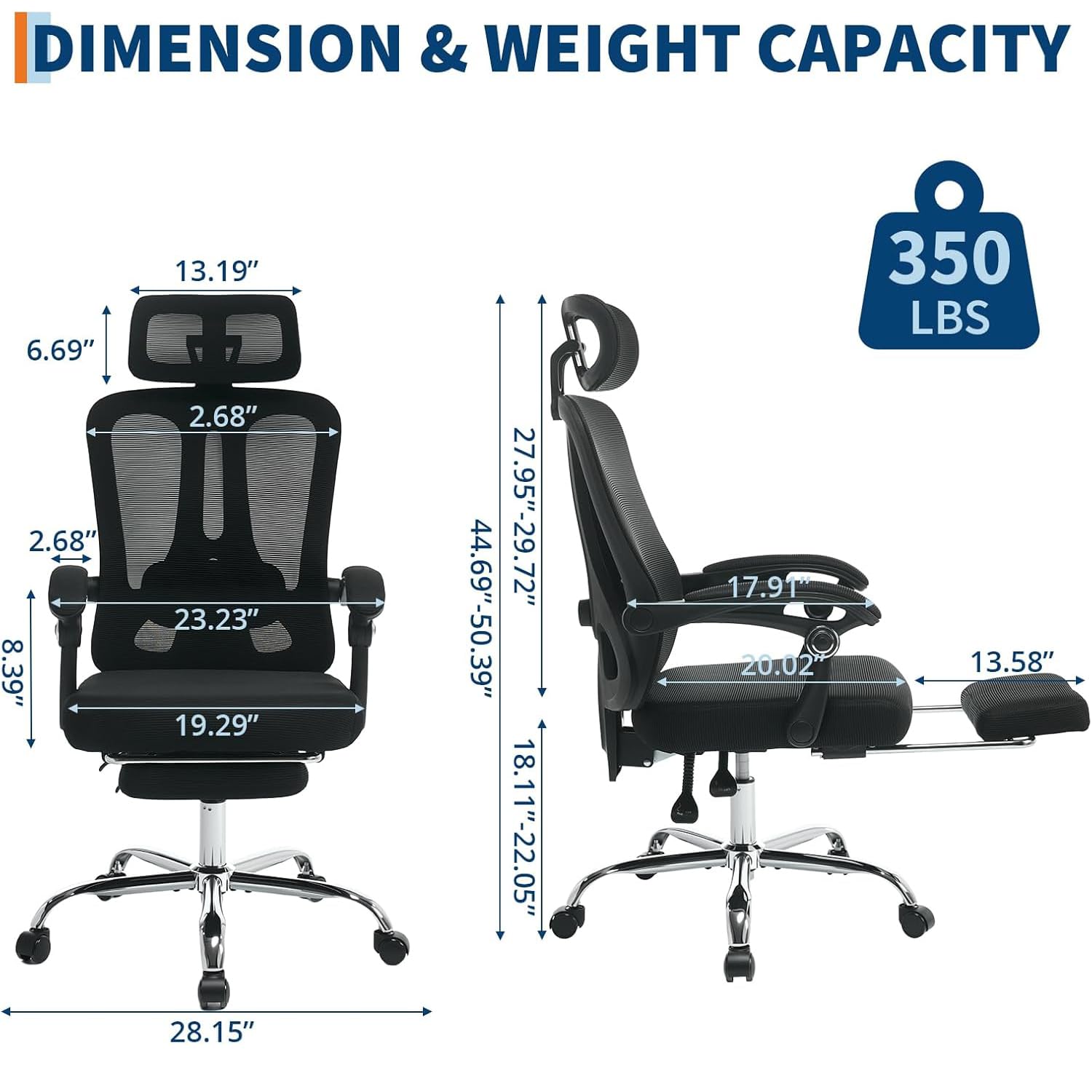 Garvee Chaise de bureau ergonomique avec appui-tête réglable, soutien lombaire et repose-pieds, tissu en maille respirante, noire
