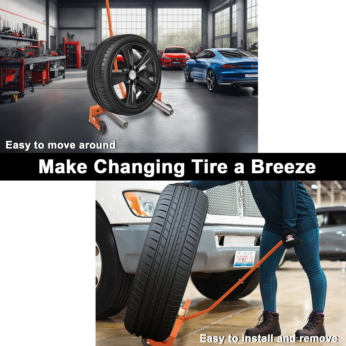 Garvee chariot porte-roue pour pneus de camion, réglable, capacité 150 kg, rouleaux de 24 cm, rotation 360°, pour pneus de 16,5 à 62 cm de large, idéal pour garage et atelier, couleur orange