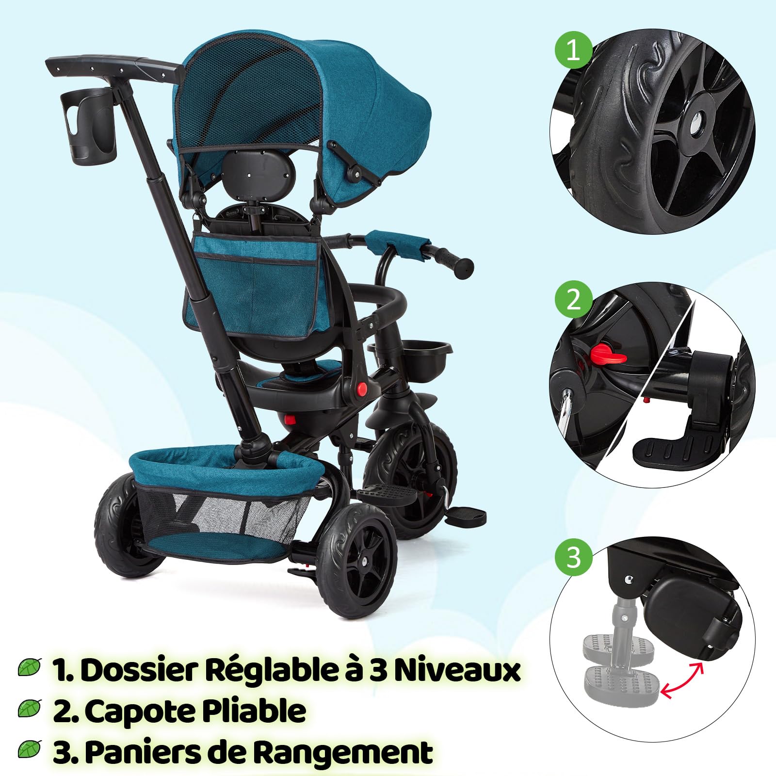 Tricycle enfant Garvee 6 en 1 avec barre de poussée, pliable et pare-soleil, pour enfants de 9 mois à 5 ans, vert
