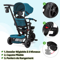 Tricycle enfant Garvee 6 en 1 avec barre de poussée, pliable et pare-soleil, pour enfants de 9 mois à 5 ans, vert