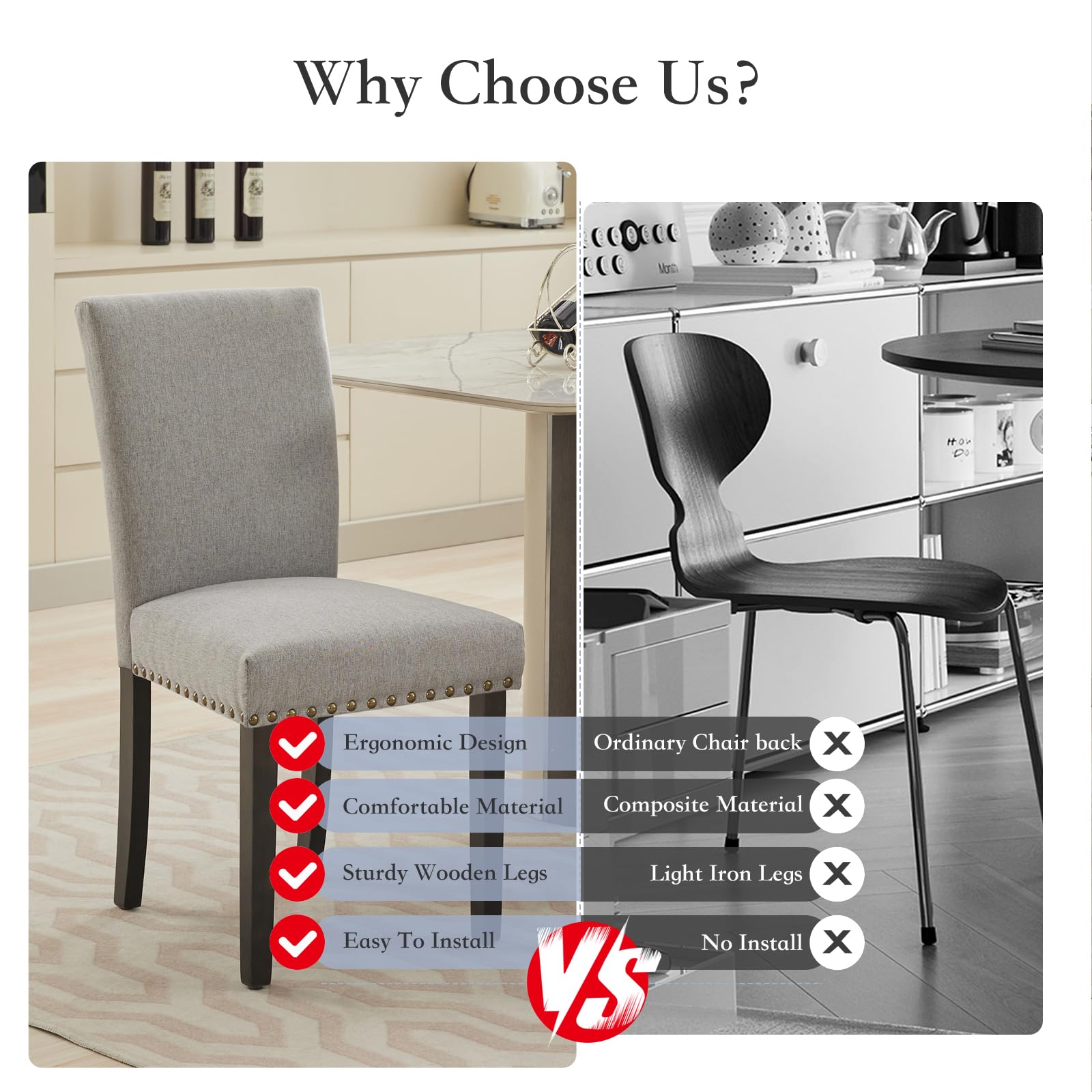 Ensemble de 2 chaises de salle à manger rembourrées Garvee, tissu, garniture cloutée, pieds en bois, ergonomiques, modernes, gris clair, cuisine et restaurant