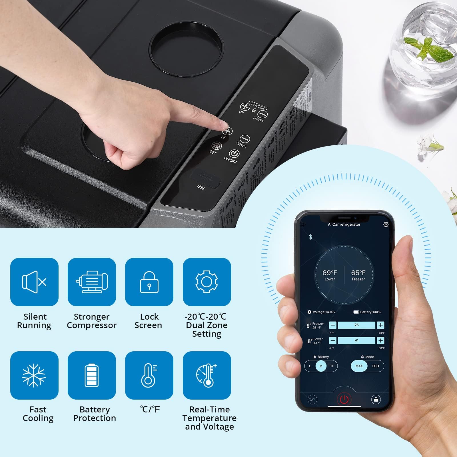 Réfrigérateur de voiture GARVEE, compresseur portable avec application de contrôle, glacière électrique -20 °C à 20 °C, congélateur à compresseur portable, réfrigérateur de voiture avec compartiment congélateur, idéal pour le camping et les voyages, 35 L