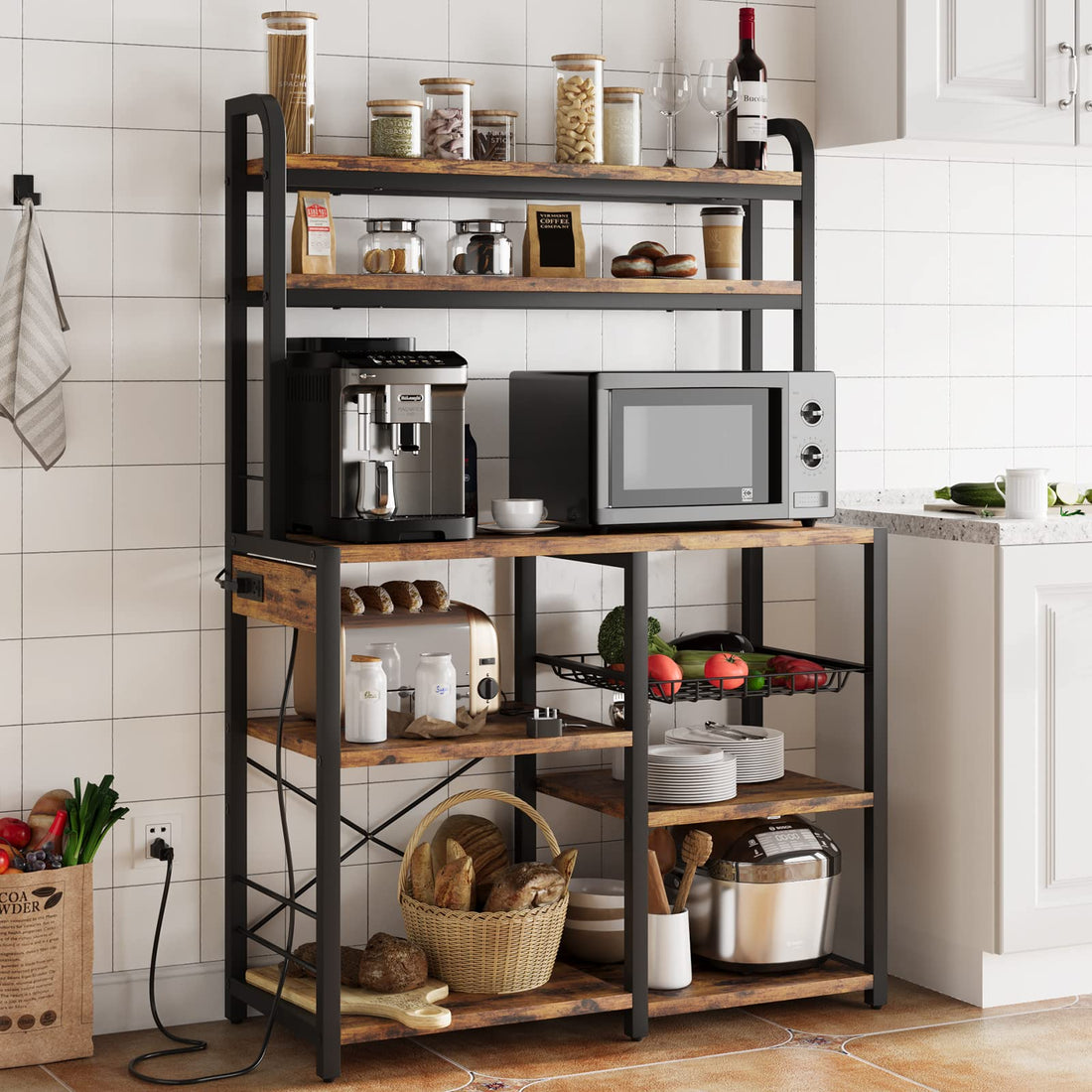 Étagère de boulanger Garvee avec 2 supports, panier à 5 niveaux en fil métallique, bois et métal, pour cuisine et coin café, 90 x 40 x 150 cm, robuste et polyvalente