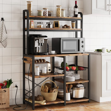Étagère de boulanger Garvee avec 2 supports, panier à 5 niveaux en fil métallique, bois et métal, pour cuisine et coin café, 90 x 40 x 150 cm, robuste et polyvalente